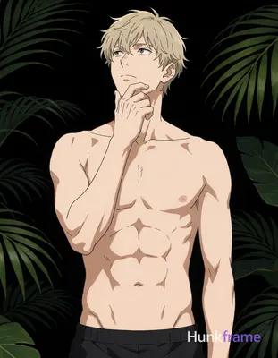 Polished anime 2.5D rendering of an adult caucasian man with short light-blonde tousled hair and cle