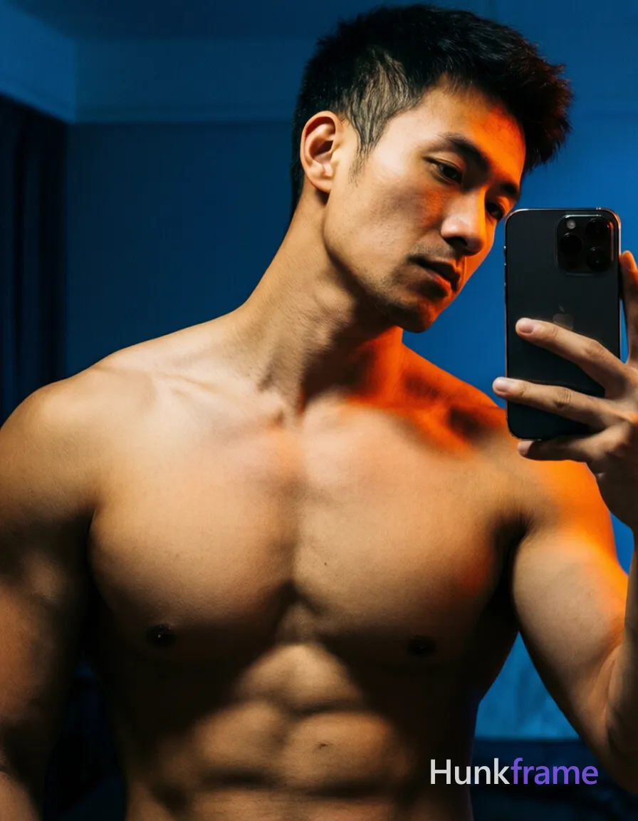 A handsome masculine male standing with his head slightly tilted to the side, shirtless and showcasing broad shoulders and defined abs. The torso-only crop is framed within an 819:1024 aspect ratio on a vertical portrait canvas of size 896x1088. Soft focus lighting creates dark blue shadows with orange highlights around his neck and shoulder area, giving the image a cinematic and artistic atmosphere in a studio setting., shot on iPhone 15 Pro main camera, authentic smartphone computational photography, natural Smart HDR and true-to-life skin texture, vertical 9:16 Xiaohongshu lifestyle feed, bright clean everyday scene, unretouched phone photo with subtle sensor grain, trendy Chinese internet 网红 aesthetic, candid influencer energy, phone held naturally in one hand for selfie, phone visible in frame