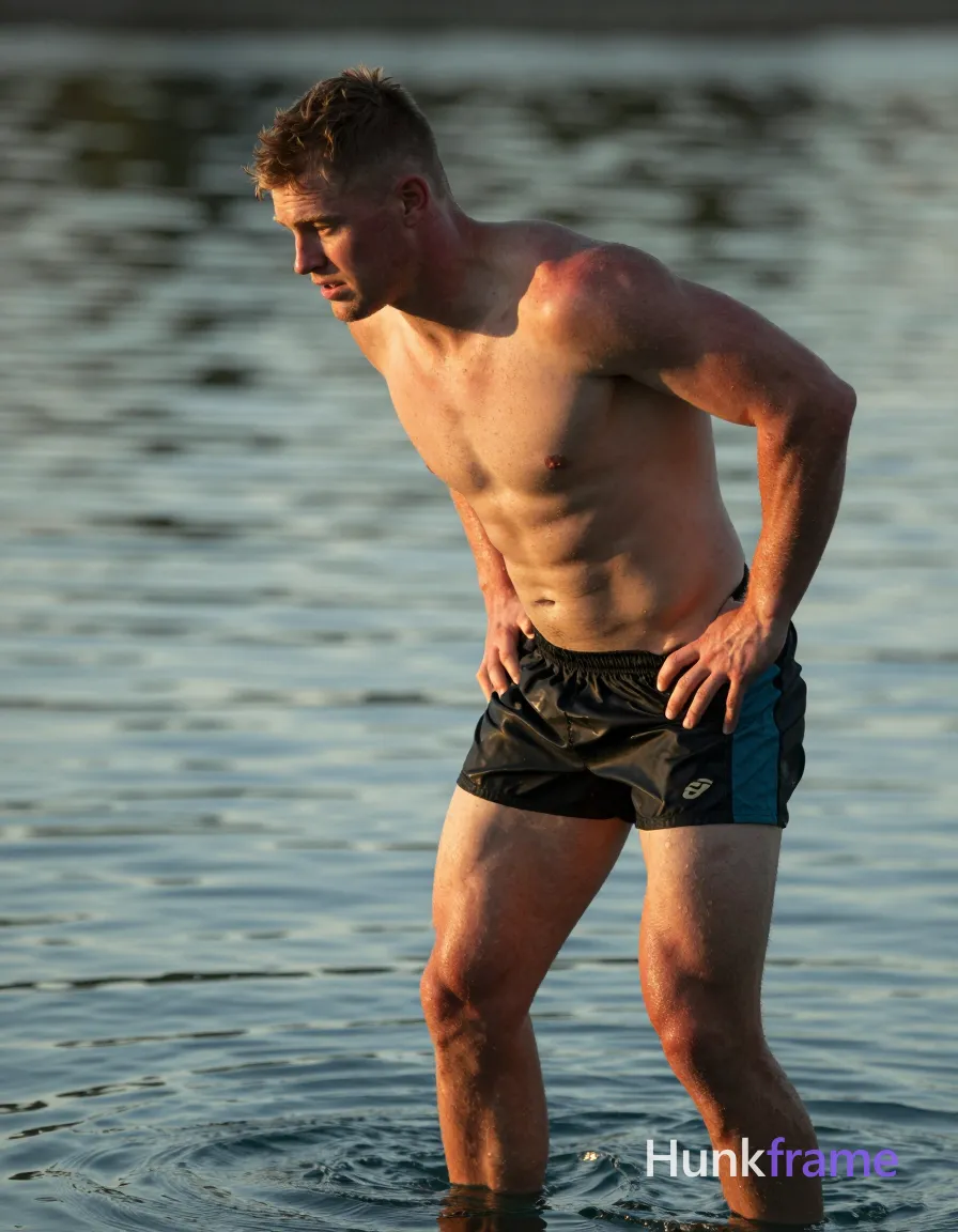 Irish man with pale skin and red undertones, shirtless near a serene pool at sunset, soft greenish-blue tinted natural light highlights his lean rugby build and muscular thighs, he leans slightly forward with one hand on hip, background is blurred and subtly textured