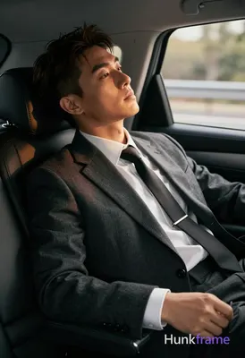 Asian man with short dark brown hair and undercut style reclining diagonally in 