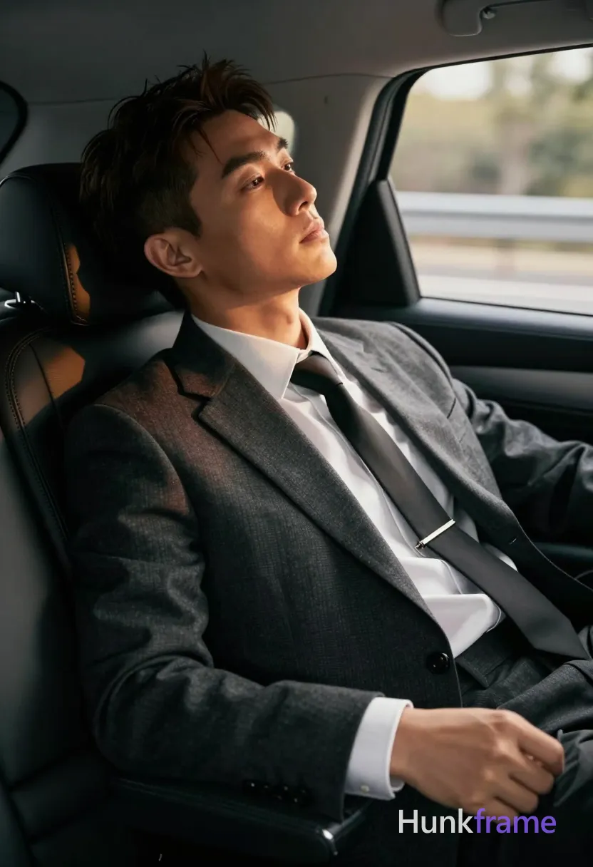 Asian man with short dark brown hair and undercut style reclining diagonally in a vehicle seat, head tilted back against window; Wearing a dark grey charcoal suit jacket with two-toned brownish shoulder panel over a white dress shirt buttoned to neck, black tie secured by silver clip; Lean build torso angled toward viewer, left arm bent hand near waist; High-contrast chiaroscuro lighting from right casting warm highlights on face and deep shadows on left side inside car interior with black leather seat; Premium fashion editorial aesthetic, shallow depth of field, intimate cinematic mood; single clean uninterrupted photograph with a cohesive editorial composition and plain continuous surrounding surfaces