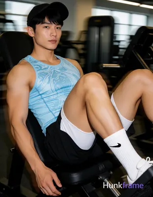 Asian man with short black straight hair and clean-shaven face, seated on gym leg press equipment in
