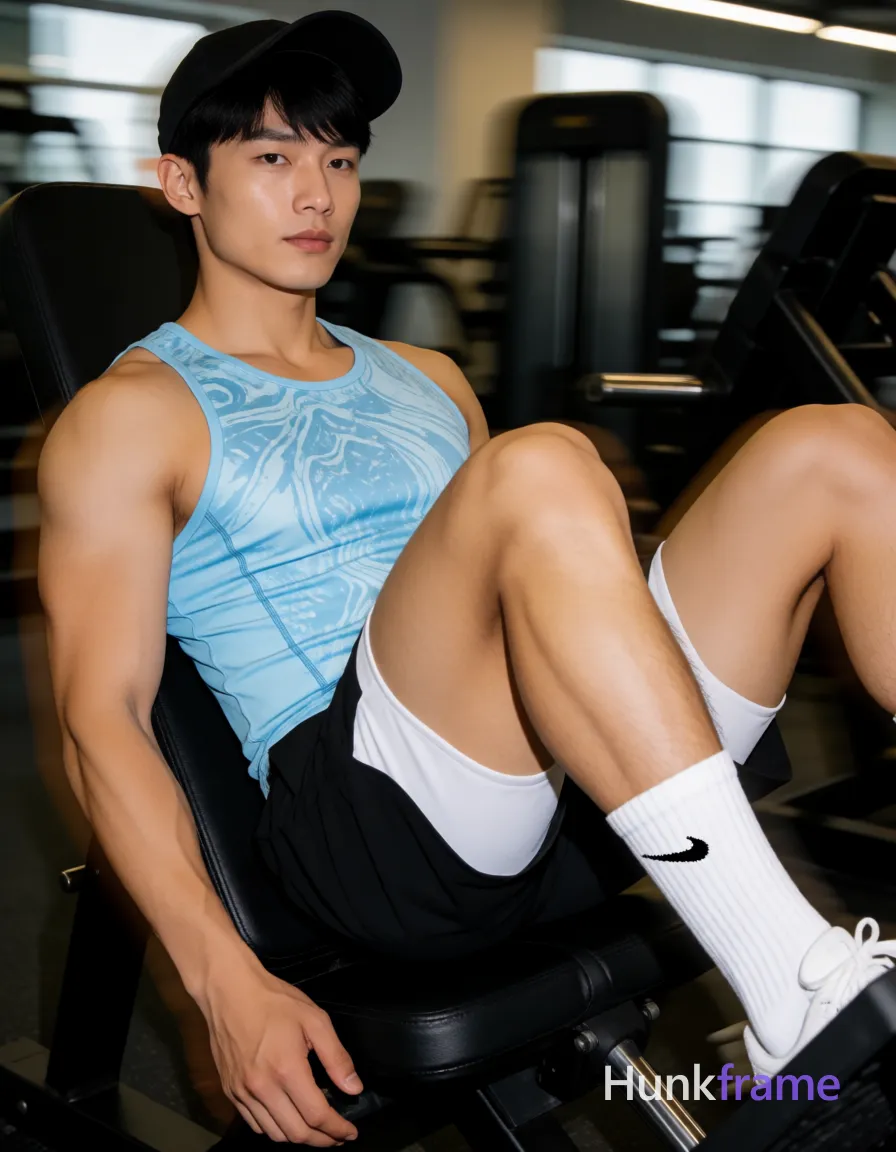Asian man with short black straight hair and clean-shaven face, seated on gym leg press equipment in bold flat-color poster graphic design style; He wears a tilted black baseball cap, light blue patterned compression tank top clinging to broad shoulders and defined pectorals, black athletic shorts showing white inner lining at hemline as legs spread wide in V-shape; Full arms with visible biceps rest lightly on inner thighs near knee caps; lower abdomen partially exposed above waistband revealing toned calves and thick quadriceps with striations; White crew socks pulled mid-calf feature small black Nike swoosh logos; Indoor gym background blurred slightly for dynamic motion feel, high contrast between light-medium skin tone and dark clothing; single clean uninterrupted photograph with a cohesive editorial composition and plain continuous surrounding surfaces