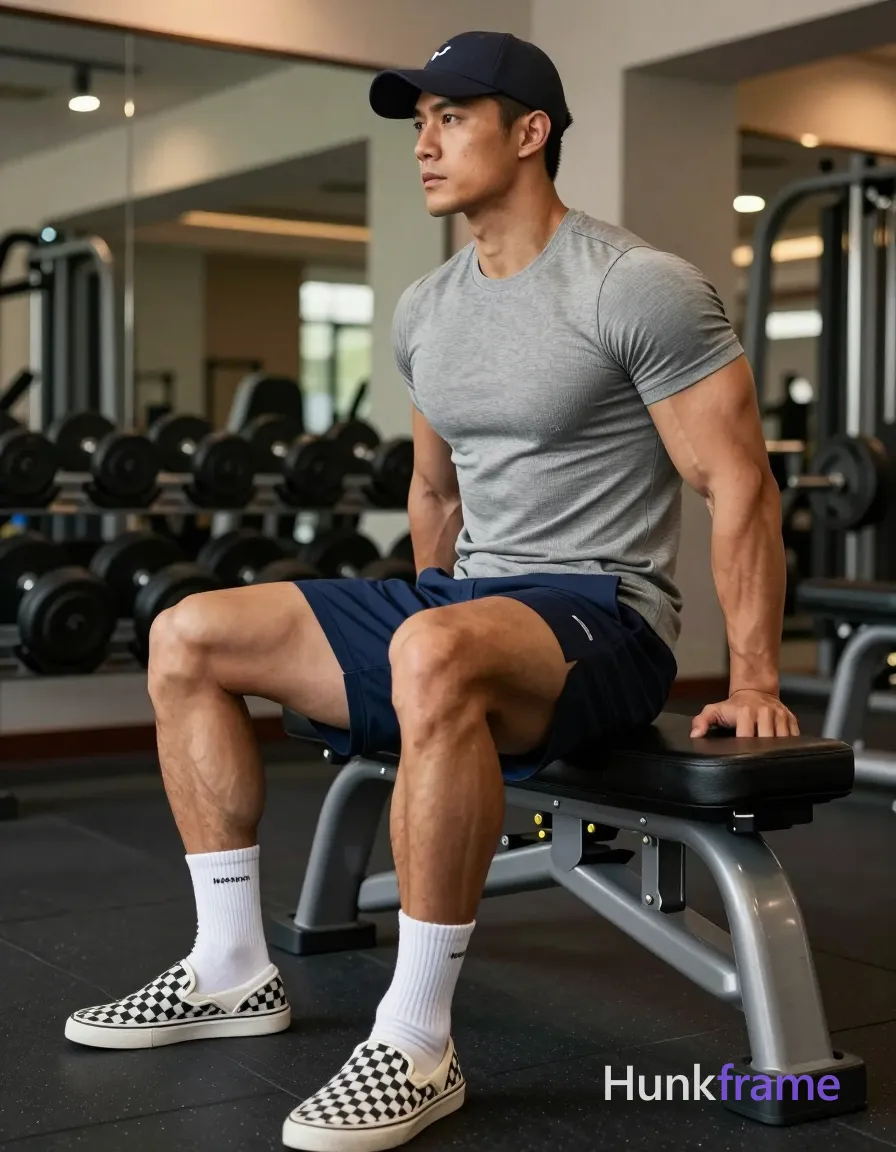 Asian man with light to medium tan skin and short dark hair under a cap, clean-shaven face, seated sideways on black gym bench facing left; Wearing grey ribbed crew-neck t-shirt, navy blue mid-thigh shorts, white ankle socks with branding, black-and-white checkered slip-ons; Broad shoulders, defined pectorals, visible abs, thick thighs with prominent quads; Right hand gripping bench edge behind him, left arm along thigh; Gym interior with dumbbell racks and mirrored walls reflecting ambient light; Soft directional overhead lighting casting subtle shadows on torso; High-resolution fitness photography, shallow depth of field blurring background weights, premium fashion editorial aesthetic; single clean uninterrupted photograph with a cohesive editorial composition and plain continuous surrounding surfaces