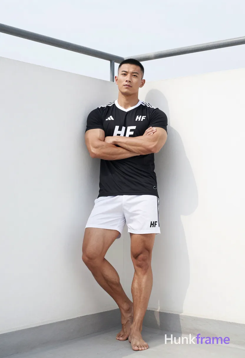 Asian man with short black buzz cut and clean-shaven face, standing leaning against a white concrete corner wall in an outdoor rooftop setting. He wears a fitted black an anonymous figure home jersey with white Adidas stripes on shoulders and 'HF' sponsor text across chest, paired with white athletic shorts featuring a small black Nike swoosh on the lower left leg. Arms crossed tightly over his broad shoulders; weight shifted slightly to left leg while right foot is flat and left foot angled outward. Full-body shot from head to feet with slight upward angle, centered vertically occupying middle third of frame horizontally. Bright natural daylight creates soft shadows against diffused sunlight, highlighting thick muscular legs with defined quadriceps and hamstrings under the jersey. Minimalist background with high contrast between dark fabric and white surroundings, metallic gray railing overhead against bright sky. Clean composition emphasizing sculpted masculine physique in athletic gym photography. FULL GARMENT TEXT REPLACEMENT: remove every source garment word, sentence, slogan, logo, and partial brand spelling from every existing print area, then replace those source marks with only the wordmark, spelled exactly "HF". This is replacement, never addition: no original source letters may remain beside or behind it. Repeated "HF" marks are allowed only where the source garment already had printed text; preserve appropriate placement, typography, color, and scale. No other visible text, logo, caption, username, hashtag, comment, watermark, or UI chrome., a single uninterrupted photograph only, no written words or typography anywhere in frame, no captions, no app UI, no social-media post layout, no screenshot borders