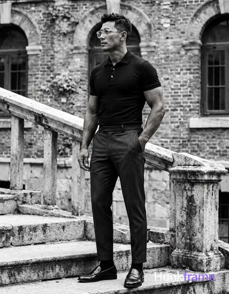 Adult man in profile facing left, standing on stone steps beside a railing with weathered brick facade and arched windows behind; He wears thin clear-framed glasses worn on the face, short textured dark hair styled upward, clean-shaven neck, black ribbed polo shirt buttoned to collar, high-waisted tailored trousers, black dress socks, leather loafers; Right hand partially in trouser pocket, left arm relaxed at side; Full-body vertical shot 13:19 aspect ratio; Muscle bear photography aesthetic with rugged warm confidence and broad shoulders on medium-dark skin; High-contrast monochrome tones with muted color accents of black white gray brown; Rugged masculine atmosphere; The adult man visibly wears thin, clear-framed glasses worn on the face; minimal rim thickness, transparent or light-colored frames on his face; preserve the exact frame shape, rim style, color, material, and lens tint; securely fitted underwear or swim trunks with complete frontal coverage; single clean uninterrupted photograph with a cohesive editorial composition and plain continuous surrounding surfaces