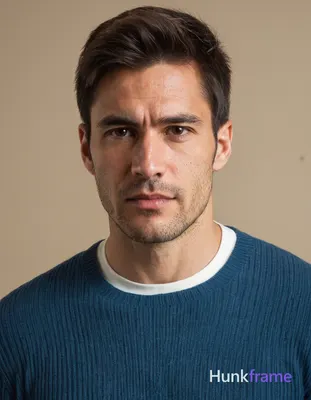 A handsome masculine man standing straight with head slightly tilted forward, we
