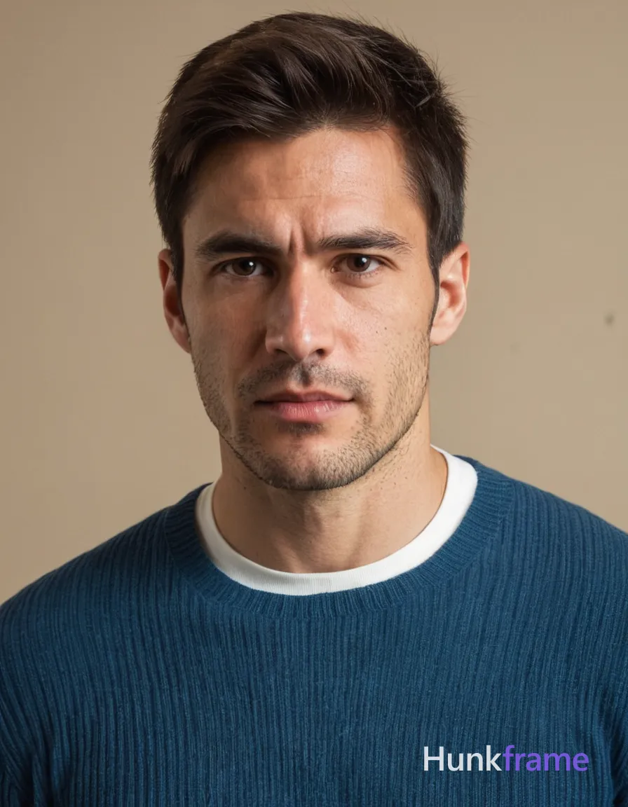 A handsome masculine man standing straight with head slightly tilted forward, wearing a blue ribbed sweater over a white t-shirt. He is fully clothed with no exposed skin, showcasing defined jawline and neck muscles. The image has a soft lighting on a textured beige/cream wall background, creating a calm and composed mood. Tack-sharp focus, capturing every detail of his structured appearance