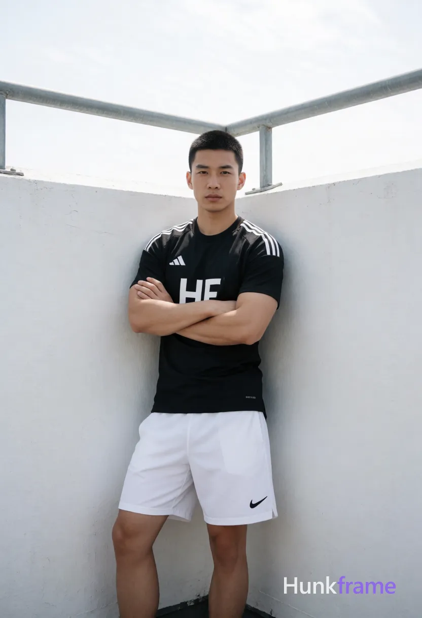 Asian man with short black buzz cut and clean-shaven face, standing leaning against a white concrete corner wall in an outdoor rooftop setting; He wears a fitted black an anonymous figure home jersey with white Adidas stripes on shoulders and 'HF' sponsor text across chest, paired with white athletic shorts featuring a small black Nike swoosh on the lower left leg; Arms crossed tightly over his broad shoulders; weight shifted slightly to left leg while right foot is flat and left foot angled outward; Full-body shot from head to feet with slight upward angle, centered vertically occupying middle third of frame horizontally; Bright natural daylight creates soft shadows against diffused sunlight, highlighting thick muscular legs with defined quadriceps and hamstrings under the jersey; Minimalist background with high contrast between dark fabric and white surroundings, metallic gray railing overhead against bright sky; Clean composition emphasizing sculpted masculine physique in athletic gym photography; FULL GARMENT TEXT REPLACEMENT: remove every source garment word, sentence, slogan, logo, and partial brand; single clean uninterrupted photograph with a cohesive editorial composition and plain continuous surrounding surfaces