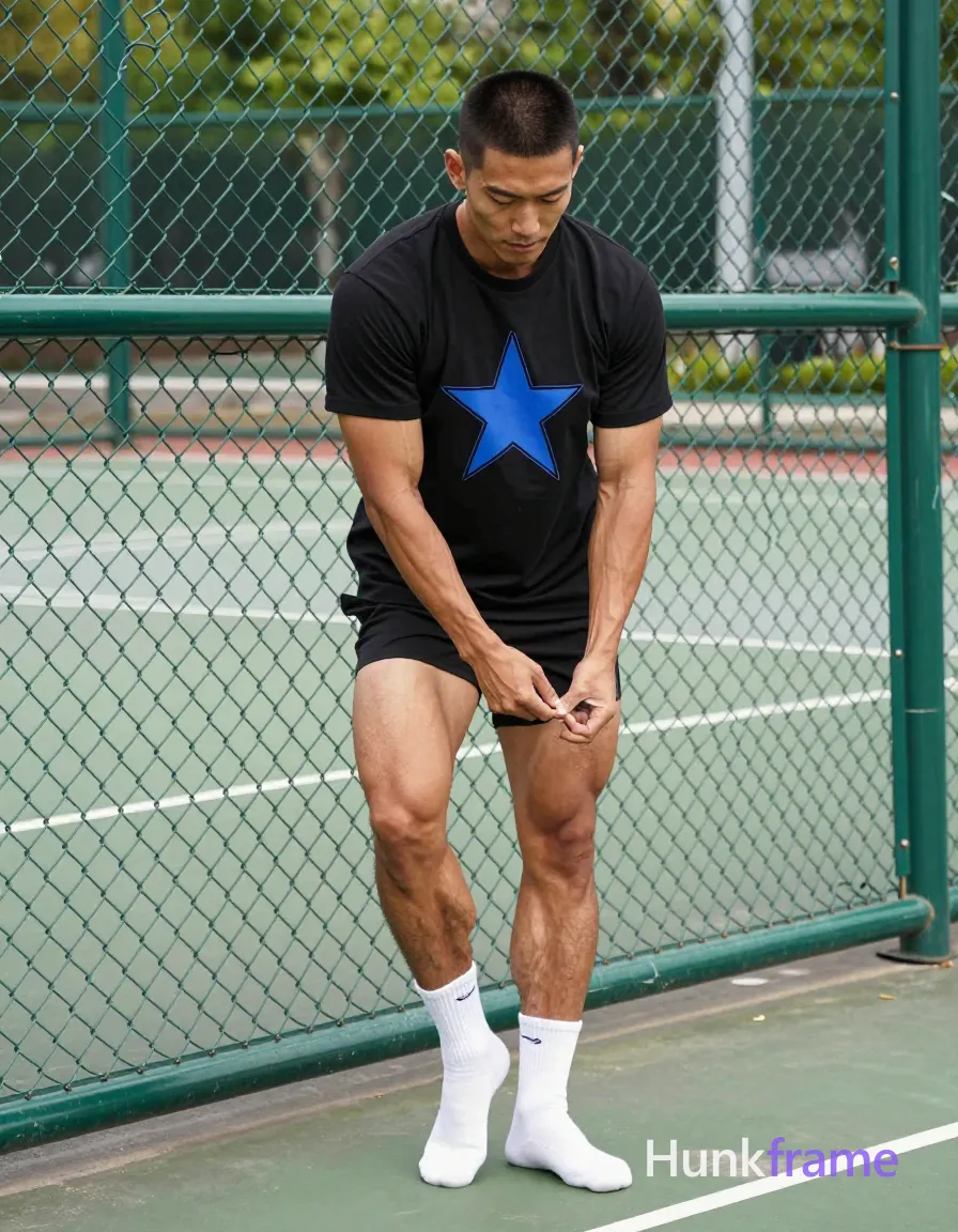 an anonymous figure man with light to medium tan skin and short black buzz cut stands near a green chain-link fence, adjusting white crew socks; He wears a black t-shirt with blue star graphic showing thick quadriceps and calves in natural daylight; Vertical portrait composition captures candid sports lifestyle aesthetic on outdoor court, same aesthetic theme and photo feel as the reference but a different man in a different pose with distinct body proportions, Chinese man, light tan skin, high cheekbones, lean wiry martial-arts physique; single clean uninterrupted photograph with a cohesive editorial composition and plain continuous surrounding surfaces