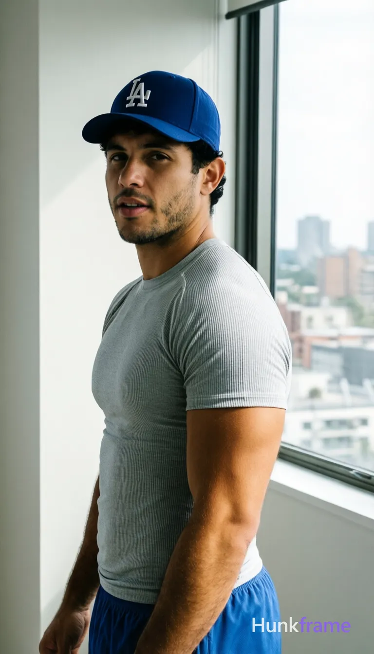 an anonymous figure man with light to medium tan skin and short black straight hair, clean-shaven head with light stubble along jawline; Standing in 3/4 profile facing left, head turned toward camera with neutral expression and slightly open mouth; Wearing dark blue LA Dodgers baseball cap with white embroidered logo, light grey ribbed compression-style short-sleeve t-shirt (fitted), and blue athletic shorts; Fully clothed adult with broad shoulders, defined pectorals, toned arms; Indoor room near large window overlooking urban buildings under daylight; Natural daylight from right-side window creating soft shadows on left side of face and torso; Clean composition, minimalist background, high contrast between subject and wall; Vertical portrait orientation 13:19 aspect ratio, same aesthetic theme and photo feel as the reference but a different man in a different pose with distinct body proportions, Brazilian Latino man, warm olive skin, curly dark hair, compact athletic torso; single clean uninterrupted photograph with a cohesive editorial composition and plain continuous surrounding surfaces