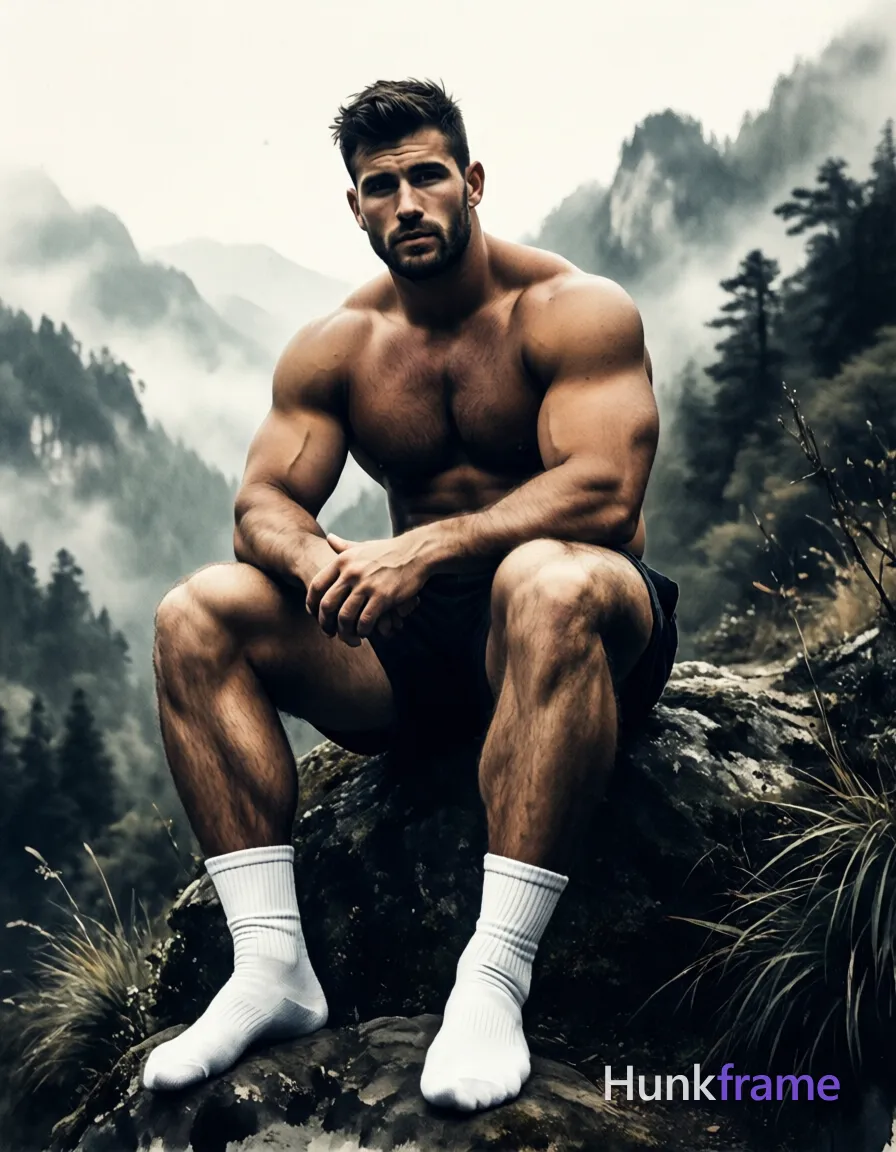 handsome masculine man in an ink wash painting style, seated with a full body crop, shirtless and thick muscular thighs visible, wearing white socks on his feet. The setting is misty mountains, with muted tones and a serene mood. The composition includes soft focus and slight blurriness throughout the image