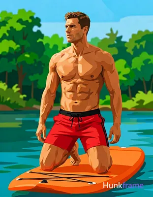 A bold flat-color wall art graphic of a Caucasian man with tanned skin kneeling 