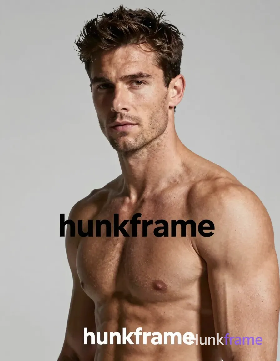A muscular adult man with light to medium skin, dark brown short textured hair styled upward, and short stubble on his jawline. He is shirtless, exposing broad shoulders, defined collarbones, visible pectoral muscles, chest, neck, and collarbones in a head-and-shoulders close-up facing forward with a slight head tilt against a plain light gray studio background. Dramatic directional lighting from upper left casts high contrast shadows on his face and neck within fine-art photography style. The image features the wordmark 'hunkframe' visible as text. Confident strength, defined anatomy. Include exactly one visible wordmark, spelled exactly "hunkframe", in the same compositional text position; preserve its appropriate typography and scale. No other visible text, logo, caption, username, hashtag, comment, watermark, or UI chrome., same aesthetic theme and photo feel as the reference but a different man in a different pose with distinct body proportions, German man, fair skin, strong brow ridge, lean cyclist legs, a single uninterrupted photograph only, no written words or typography anywhere in frame, no captions, no app UI, no social-media post layout, no screenshot borders