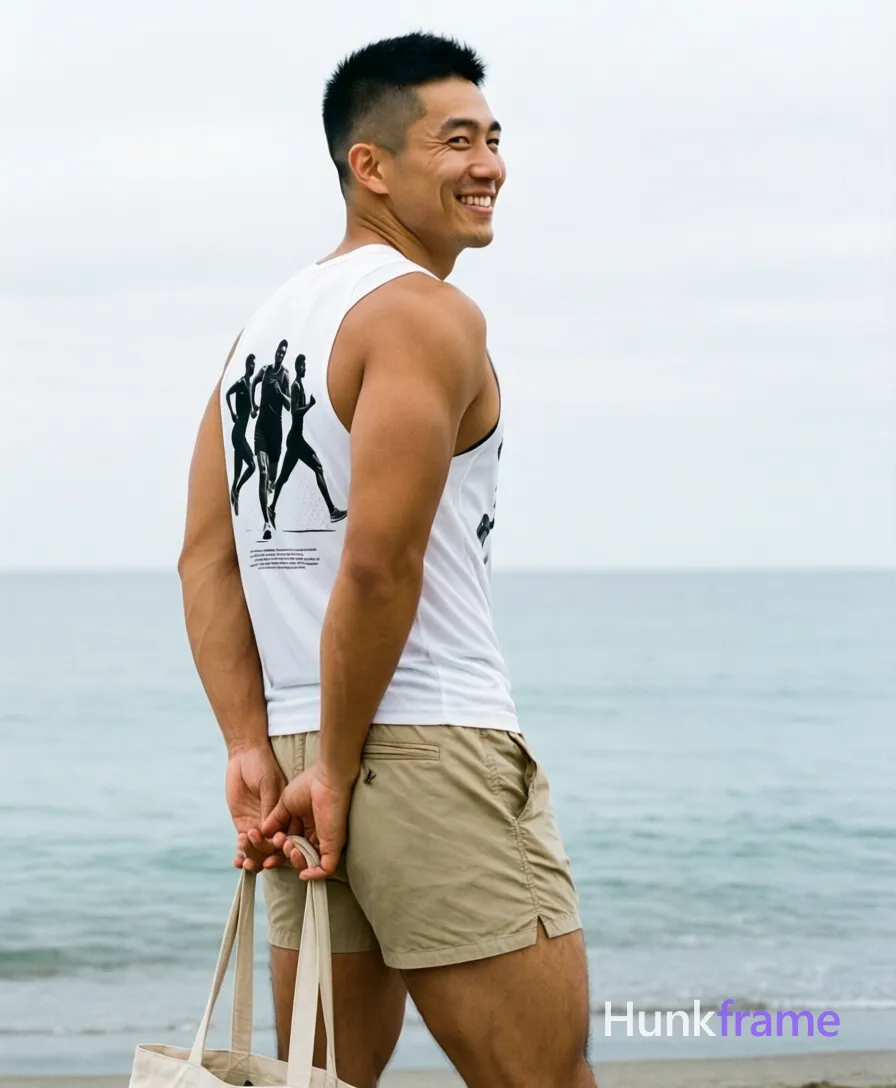 Athletic photography full-body shot of Asian man with light-medium tan skin and short black buzz cut tapered sides back slightly longer top clean fade line visible at nape; Standing sideways to camera torso turned slightly right head rotated back smiling broadly looking over left shoulder toward camera hands behind hips holding beige tote bag straps; Broad shoulders defined deltoids triceps visible abdominal definition through white sleeveless athletic tank top with black graphic print of running figures on back and small text below; Beige khaki shorts ending mid-thigh showing thick thighs under soft diffused daylight beach setting calm ocean horizon overcast sky vertical 13:19 aspect ratio centered full-body shot head to upper thighs naturalistic photography confident strength mood, same aesthetic theme and photo feel as the reference but a different man in a different pose with distinct body proportions, Japanese man, soft masculine features, straight black hair, slim dancer build; single clean uninterrupted photograph with a cohesive editorial composition and plain continuous surrounding surfaces