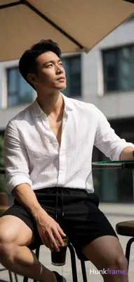 Asian man with light-medium skin, black short hair styled with volume on top and sides swept back, c