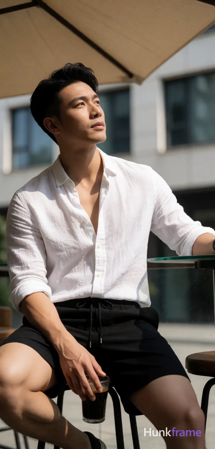 Asian man with light-medium skin, black short hair styled with volume on top and sides swept back, clean-shaven face; Seated on a high stool outdoors under a beige fabric awning, torso angled left while head turns right to gaze upward; Weight shifted onto left leg with right knee bent; white textured linen button-up unbuttoned at collar revealing upper chest and defined abs, sleeves rolled up, black drawstring shorts ending above knee exposing thick thighs; Right hand holds dark drink between knees, left arm rests on glass table edge; High-contrast sunlight from upper left sculpts broad shoulders and pectorals against a softly blurred modern building facade with rectangular windows; Vertical phone-camera aesthetic, head-to-thighs crop excluding feet, center-left composition emphasizing relaxed confidence in sun-drenched leisure; single clean uninterrupted photograph with a cohesive editorial composition and plain continuous surrounding surfaces