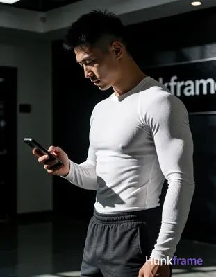 Asian man with short spiky black hair and faded undercut, clean-shaven chin with