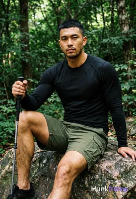 Asian man medium-tan skin short black buzz cut styled top light stubble beard se