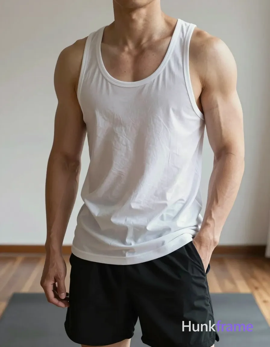 Vertical fashion editorial portrait of an adult man with a highly muscular build, defined pectorals, visible abdominal definition, and prominent arm musculature with clear veins. Standing torso angled slightly to viewer's left, arms relaxed at sides, right hand partially in pocket of black athletic-style shorts. Wearing white deep-neck tank top (loose fit, draped fabric) exposing upper chest and shoulders; no eyewear. Indoor setting with light wood flooring, gray fabric surface, and white paneled wall. Soft directional lighting highlights vascularity on arms and shoulders. Fine-art photography aesthetic, sculpted pose emphasis, minimalist palette of white, black, skin tones, gray, and wood brown., a single uninterrupted photograph only, no written words or typography anywhere in frame, no captions, no app UI, no social-media post layout, no screenshot borders