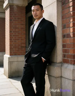 Asian man with short buzz cut and light stubble stands in three-quarter profile leaning against a st