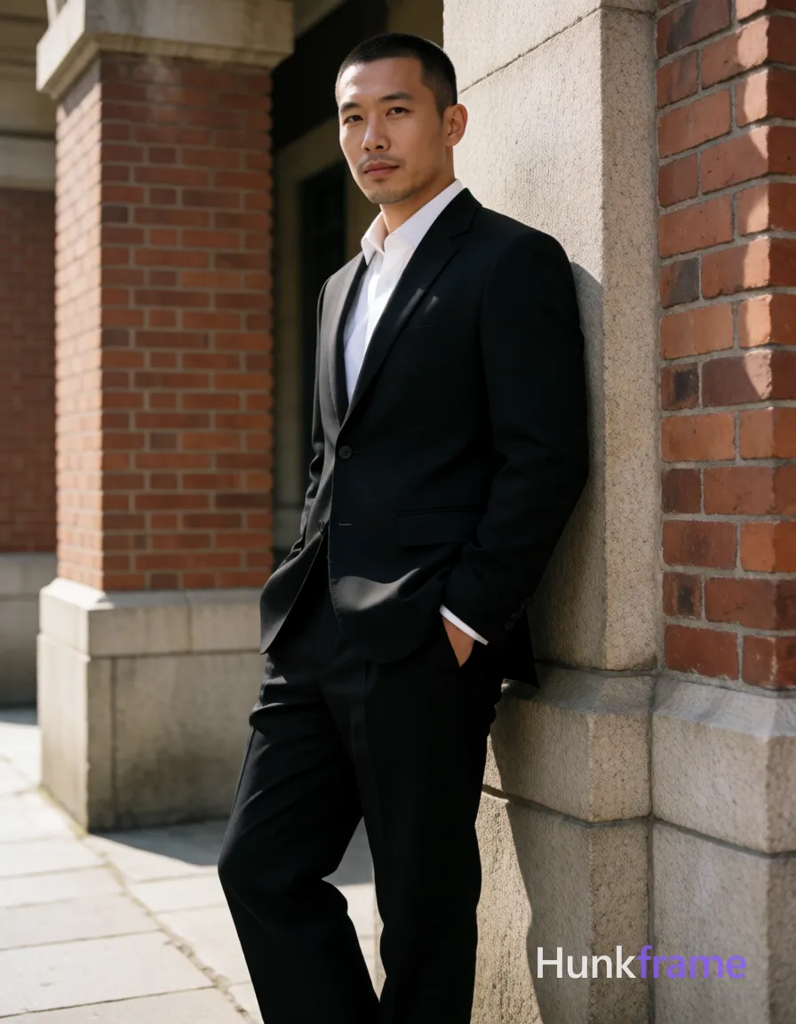 Asian man with short buzz cut and light stubble stands in three-quarter profile leaning against a stone column, weight shifted left while right foot lifts dynamically; He wears a black tailored single-breasted suit jacket open at the collar over a white dress shirt revealing upper chest, paired with matching black trousers; Full-body shot framed between brick building columns under natural daylight casting soft shadows on his broad shoulders and defined pectorals; Fine-art photography aesthetic with sculpted lighting highlighting form against an urban heritage backdrop, same aesthetic theme and photo feel as the reference but a different man in a different pose with distinct body proportions, Thai man, smooth tan skin, gentle eyes, slim toned Muay Thai physique; single clean uninterrupted photograph with a cohesive editorial composition and plain continuous surrounding surfaces