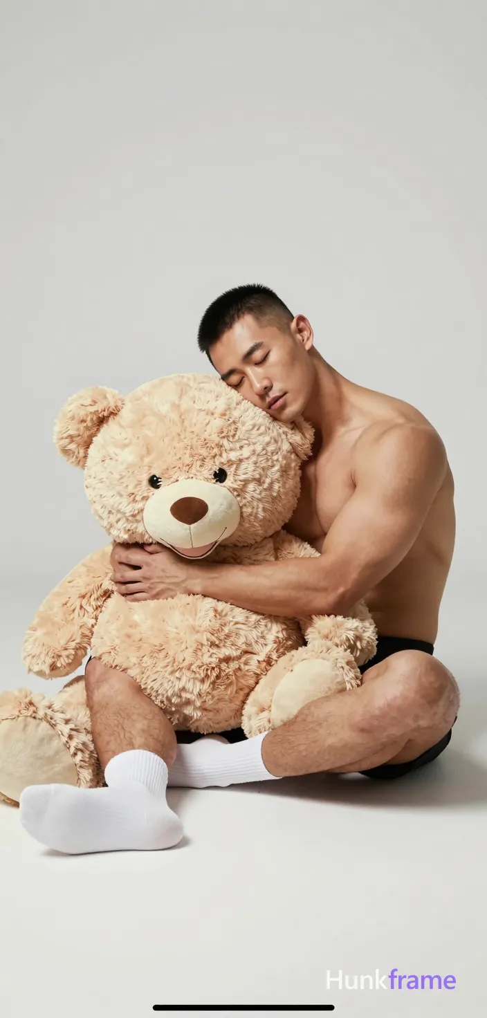 Adult man with short black hair and clean-shaven face, eyes closed resting head on a large beige teddy bear's shoulder. Seated portrait leaning forward to hug the bear tightly with both arms wrapped around its body; left leg extended outward wearing white crew sock, right leg bent inward also in white sock. Shirtless bare chest exposing sculpted shoulders, thick thighs and abdomen against plain off-white background. High-contrast studio lighting from left side creating subtle shadows on right arm and torso, clean composition with negative space above subject. Muscle bear style emphasizing broad shoulders and rugged warm confidence., a single uninterrupted photograph only, no written words or typography anywhere in frame, no captions, no app UI, no social-media post layout, no screenshot borders
