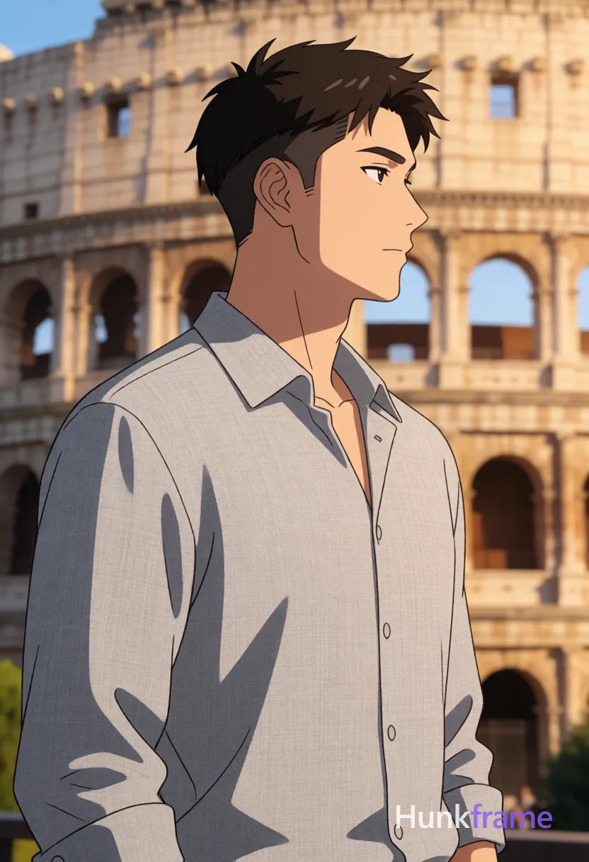 Asian man with short dark brown undercut hair and clean-shaven face standing in 3/4 profile facing right at the Colosseum; torso slightly angled forward; Wearing an open-collared light grey textured button-up shirt revealing upper chest, neck, and arms from shoulder to wrist with no sleeves covering biceps or triceps; Broad shoulders, defined pectorals, and toned arms rendered in polished 2.5D next-gen anime style against blurred historic stone arches under warm golden-hour sunlight; single clean uninterrupted artwork with a cohesive composition and plain continuous surrounding surfaces