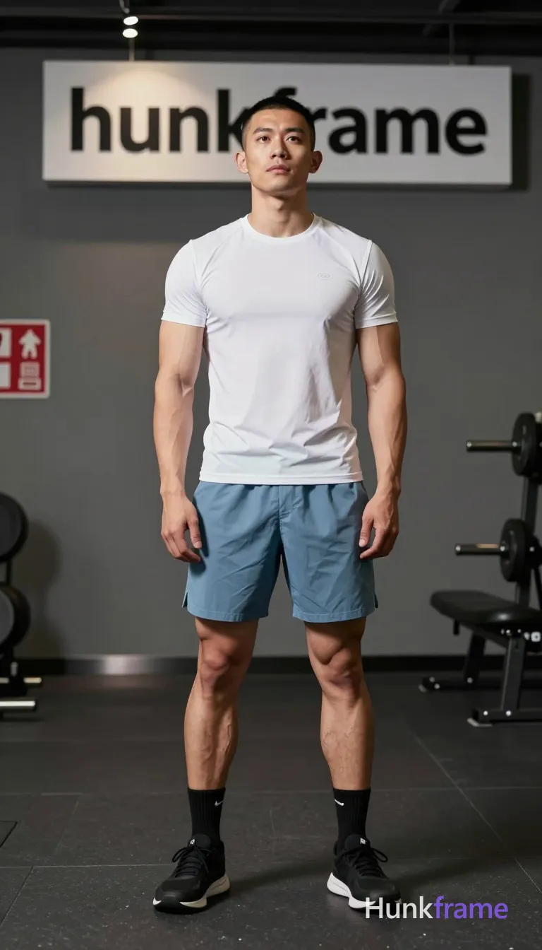 an anonymous figure man with short buzz cut black hair and high forehead, clean-shaven face with neutral contemplative gaze upward; Standing upright full body vertical shot from head to toe centered in frame; Wearing white fitted short-sleeve t-shirt with small logo on chest, light blue athletic shorts reaching mid-thigh, black crew socks with white Nike swoosh, black athletic sneakers; Broad shoulders defined pectorals toned arms thick thighs visible calf muscles; Indoor gym setting grey walls fire safety signs left wall weight bench background overhead recessed lighting casting soft shadows ambient indoor illumination clean composition natural skin tones realistic proportions minimalist focused athletic mood fine-art photography dramatic indoor lighting sculpted masculine physique premium fashion-editorial aesthetic full bleed vertical phone wallpaper screen safe; FULL TEXT REPLACEMENT: remove every original source word, sentence, slogan, logo, and partial spelling from the text-bearing area, then replace it with only the wordmark, spelled exactly "hunkframe" on the sign in the composition; This is replacement; Preserve appropriate typography and scale; No other visible; single clean uninterrupted photograph with a cohesive editorial composition and plain continuous surrounding surfaces