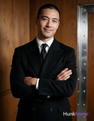 Asian man with buzz cut and light stubble stands upright in a black double-breas