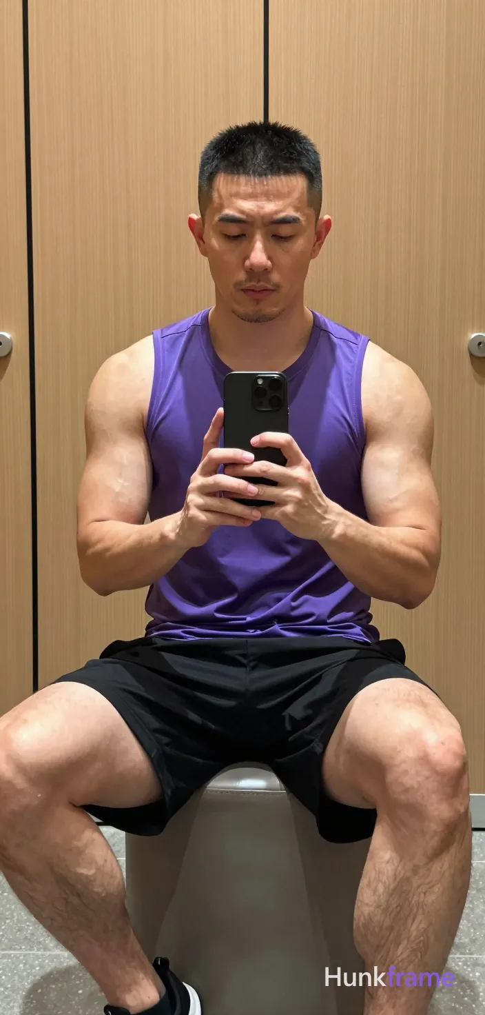 Asian man with light-medium skin and short black buzz cut featuring a textured top layer, clean hairline, square jawed face with defined cheekbones, full lips closed in neutral expression; He has a clean-shaven chin and jawline with only light stubble on the upper lip; Seated on a cylindrical ottoman in mirror selfie pose: right leg bent with foot resting on left knee, left leg extended downward showing thick thighs and muscular calves; Wearing tight-fitting purple sleeveless athletic tank top exposing chest hair and abdomen, black compression shorts mid-thigh length holding broad shoulders and defined pectorals; Holding black smartphone with both hands to capture mirror reflection, thumbs positioned for screen interaction; Indoor locker room setting with light wood paneling and beige walls under soft ambient overhead lighting; Portrait composition centered in mirror reflection occupying majority of vertical frame, slightly tilted angle, natural phone-camera aesthetic, confident casual mood, same aesthetic theme and photo feel as the reference but a different man in a different pose with distinct body; single clean uninterrupted photograph with a cohesive editorial composition and plain continuous surrounding surfaces