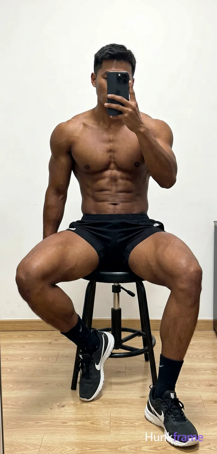 A handsome dark-skinned adult man sits on a black stool in an indoor setting with plain white walls and light wood flooring. He is shirtless, wearing black Nike athletic shorts, socks, and sneakers, displaying thick thighs, defined abs, and broad shoulders. His legs are spread with one foot resting on the other knee while he holds a dark smartphone to his right side, obscuring his neck in a mirror selfie composition. Bright indoor lighting illuminates the monochrome palette of skin tones against black and white surroundings. The image captures a confident athletic mood within a high-clarity fine-art photography style., shot on iPhone 15 Pro main camera, authentic smartphone computational photography, natural Smart HDR and true-to-life skin texture, vertical 9:16 Xiaohongshu lifestyle feed, bright clean everyday scene, unretouched phone photo with subtle sensor grain, trendy Chinese internet 网红 aesthetic, candid influencer energy, phone held naturally in one hand for selfie, phone visible in frame, wearing underwear or swim trunks, covered genitals, no frontal nudity, a single uninterrupted photograph only, no written words or typography anywhere in frame, no captions, no app UI, no social-media post layout, no screenshot borders