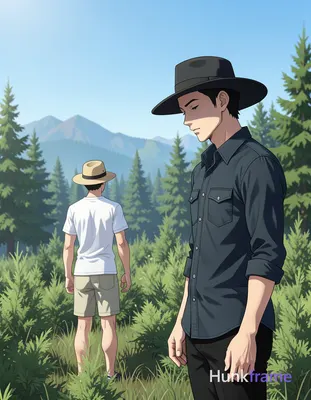 Two adult men in an open field rendered as polished anime 2.5D next-gen game art, right foreground m