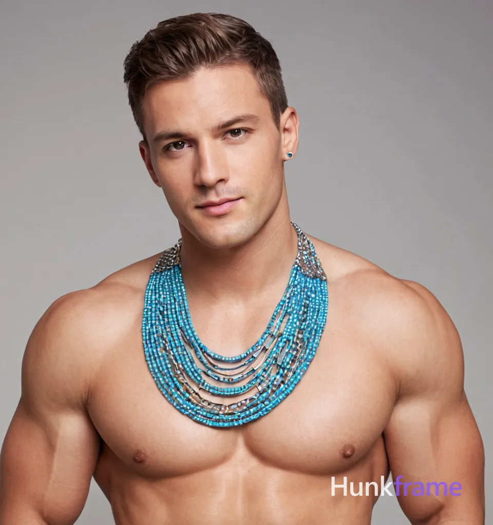A photorealistic portrait of a handsome, muscular male standing with his head slightly tilted to one side. The subject is shirtless, wearing a colorful polka dot patterned shirt and a silver chain necklace. His thick muscular thighs are prominently featured in a torso-only crop. The background is bright orange with bold white and blue typography reading 'TREASURE'. Even lighting focused on the subject’s torso creates vibrant and energetic mood