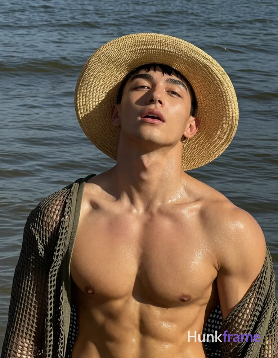 He wears unobstructed face with both eyes, irises, eyebrows, temples, and nose bridge clearly visible, is clean-shaven, and has his head tilted back with mouth slightly open gazing upward; Shirtless with broad shoulders, defined pectorals, and visible abdominal musculature; A wide-brimmed straw hat casts shadows over eyes; an olive-green open-knit mesh garment drapes loosely around shoulders; Dark water waves blur in the background under dramatic directional lighting highlighting wet skin texture, shot on iPhone 15 Pro main camera, authentic smartphone computational photography, natural Smart HDR and true-to-life skin texture, vertical 9:16 Xiaohongshu lifestyle feed, bright clean everyday scene, unretouched phone photo with subtle sensor grain, trendy Chinese internet 网红 aesthetic, candid influencer energy; single clean uninterrupted photograph with a cohesive editorial composition and plain continuous surrounding surfaces