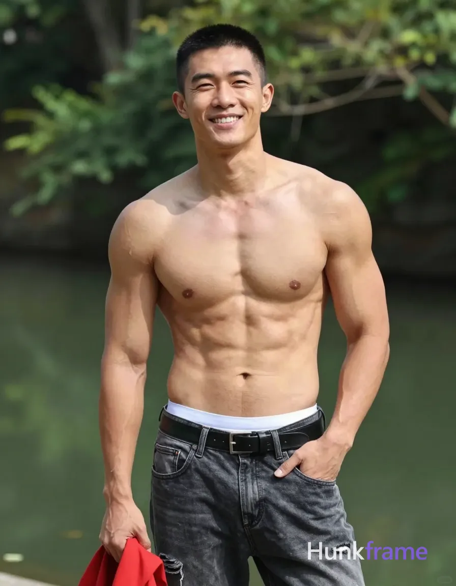 Asian man with light tan skin and short black buzz cut stands upright outdoors near water, smiling broadly with slight head tilt to right; Shirtless adult displaying broad shoulders, defined pectorals, six-pack abs, visible vascularity on arms; dark grey distressed jeans with belt loops and silver buckle, black leather belt, white underwear waistband visible above pants; Right hand holds red garment at hip level while left hand rests in pocket; Natural daylight casts soft shadows on torso against lush green foliage background; Athletic photography portrait composition focusing on upper body from head to mid-thighs; single clean uninterrupted photograph with a cohesive editorial composition and plain continuous surrounding surfaces