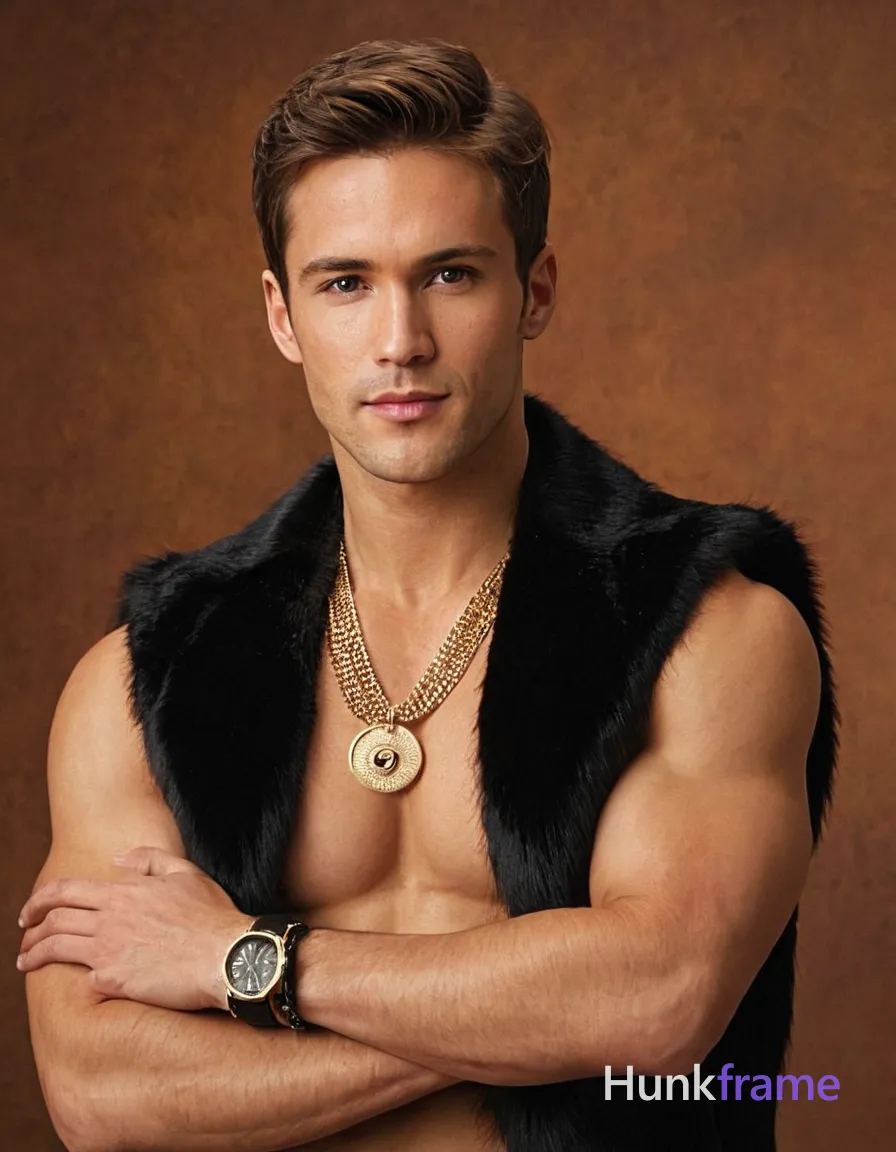 shirtless man with muscular build, arms crossed over chest, hand resting on fur collar, head slightly tilted forward, broad shoulders, defined abs, wearing black fur vest, gold watch and necklace, ring on left hand, seated pose, torso crop, soft warm lighting, dark background, romantic aesthetic, tack-sharp image quality, vertical portrait orientation, 896x1152 canvas
