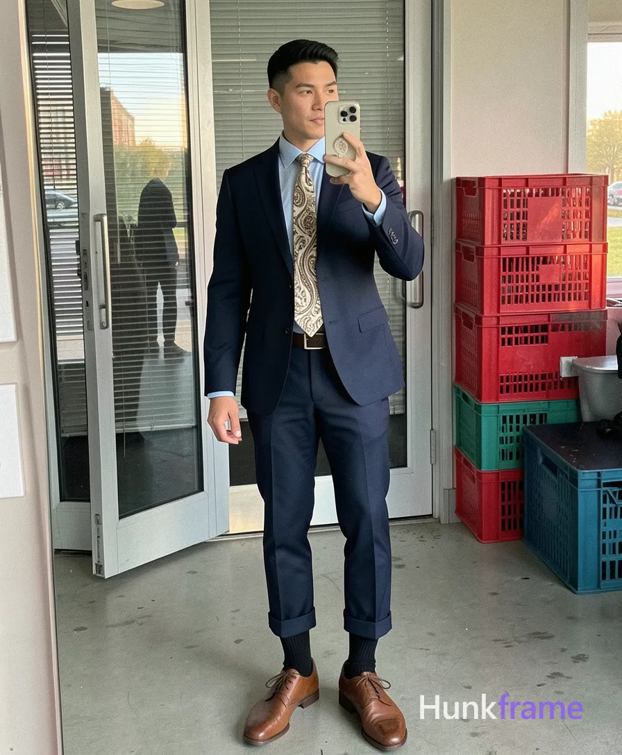 freshly generated candid Xiaohongshu lifestyle photo, brand new full-body composition with a different pose, camera angle and background, both hands relaxed, not a mirror selfie, not a copy of any reference image, dark navy suit jacket (unbuttoned), light blue dress shirt (collared, buttoned to neck), patterned paisley tie in cream and brown tones, matching dark navy suit trousers with cuffed hems, black ribbed crew socks pulled up mid-calf, brown leather cap-toe oxford shoes, thick thighs, defined calves, authentic social-feed lifestyle mood, reference lighting and color treatment: indoor fashion editorial photo of a man in navy suit with cuffed trousers, black ribbed socks, and brown cap-toe oxfords, background includes glass door with blinds and stacked red/teal crates, soft even lighting, shot on iPhone 15 Pro main camera, authentic smartphone computational photography, natural Smart HDR, Instagram lifestyle post, outdoor urban or gym scene, wardrobe matching reference outfit, relaxed confident male influencer pose, phone photo with natural grain, Instagram story mirror selfie, golden hour window light, natural phone grain, phone held naturally in one hand for selfie, phone visible in frame, a single uninterrupted photograph only, no written words or typography anywhere in frame, no captions, no app UI, no social-media post layout, no screenshot borders