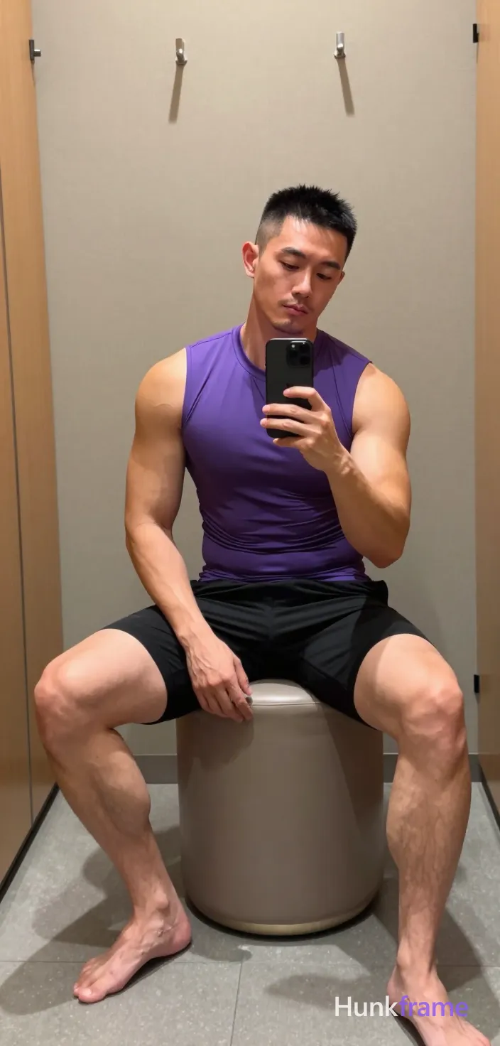 Asian man with short black buzz cut and light stubble sits on a cylindrical ottoman in a gym locker room, holding a black smartphone for a mirror selfie; He wears a tight purple sleeveless athletic tank top exposing his chest and abdomen, paired with mid-thigh black compression shorts showing thick thighs and muscular calves; The composition is vertical portrait 13:19, slightly tilted angle capturing the reflection in the mirror; Soft ambient indoor lighting from overhead fixtures illuminates light-medium skin tones against beige walls and wood paneling; Natural phone-camera aesthetic with confident casual mood; single clean uninterrupted photograph with a cohesive editorial composition and plain continuous surrounding surfaces