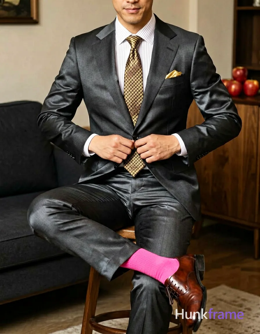 A handsome adult man with light to medium skin seated on a stool, right leg crossed over left knee. He wears a dark grey tailored suit jacket with satin-like sheen, matching trousers, white pinstriped dress shirt, patterned brown and gold tie, gold pocket square, brown leather shoe, and bright pink sock visible above trouser hem. Both hands adjust the suit buttons near waistband and chest. Indoor room setting with dark sofa to left and wooden sideboard with red apples in background. Soft directional indoor lighting from front-left creates subtle highlights on fabric. Vertical portrait crop centered at neck down to mid-shin, high-fashion editorial aesthetic., wearing underwear or swim trunks, covered genitals, no frontal nudity, a single uninterrupted photograph only, no written words or typography anywhere in frame, no captions, no app UI, no social-media post layout, no screenshot borders