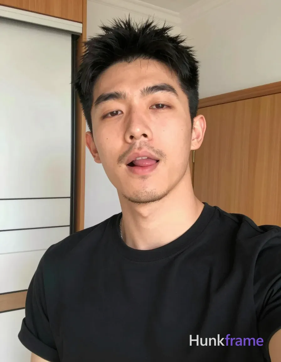 an anonymous figure man with short black hair and upward texture, sparse mustache and chin stubble, mouth slightly open showing tongue. Head tilted back, eyes half-closed in a static pose wearing a black crew-neck t-shirt that fits his lean build. Selfie-style composition close-up from chest up against an indoor room background with white tiled walls on the left and wooden furniture. Soft natural ambient lighting highlights skin tones and fabric texture. Vertical portrait orientation 13:19 aspect ratio, casual relaxed mood, bold flat-color poster style graphic design with high-contrast color blocking., a single uninterrupted photograph only, no written words or typography anywhere in frame, no captions, no app UI, no social-media post layout, no screenshot borders