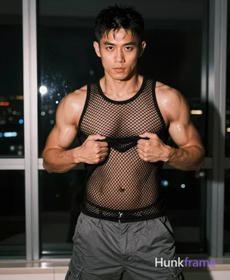 Photograph of exactly 1 adult man. Man 1: Asian, light to medium tan with visible sheen from lightin
