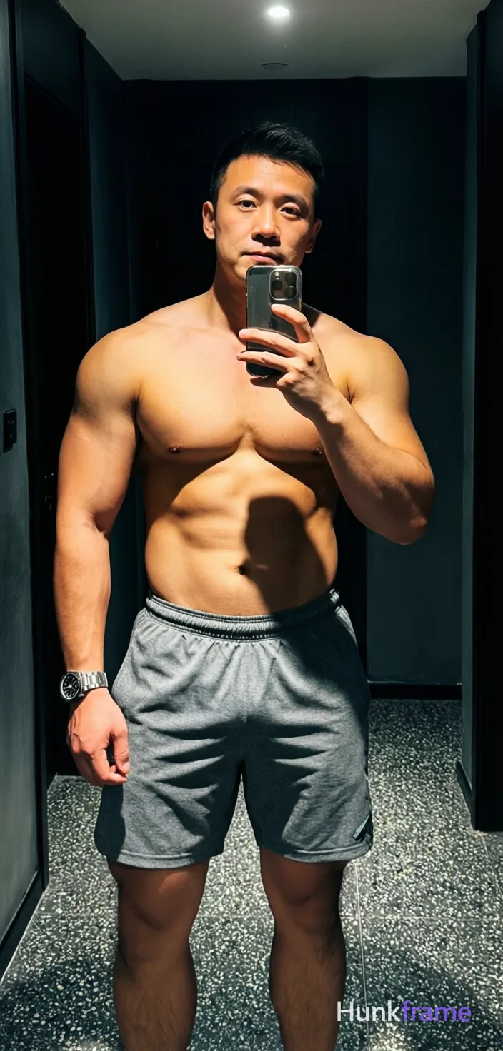 A confident adult man with a muscular build and thick thighs stands facing forward in an indoor room He wears unobstructed face with both eyes, irises, eyebrows, temples, and nose bridge clearly visible; left arm relaxed at side showing a wristwatch on grey athletic shorts reaching mid-thigh while standing shirtless under direct flash lighting that casts sharp shadows behind him; The vertical 13:19 composition captures the full body from waist up with head cropped, emphasizing skin tones against dark walls and speckled floors in a tasteful suggestive mood, shot on iPhone 15 Pro main camera, authentic smartphone computational photography, natural Smart HDR and true-to-life skin texture, vertical 9:16 Xiaohongshu lifestyle feed, bright clean everyday scene, unretouched phone photo with subtle sensor grain, trendy Chinese internet 网红 aesthetic, candid influencer energy, phone held naturally in one hand for selfie, phone visible in frame; single clean uninterrupted photograph with a cohesive editorial composition and plain continuous surrounding surfaces