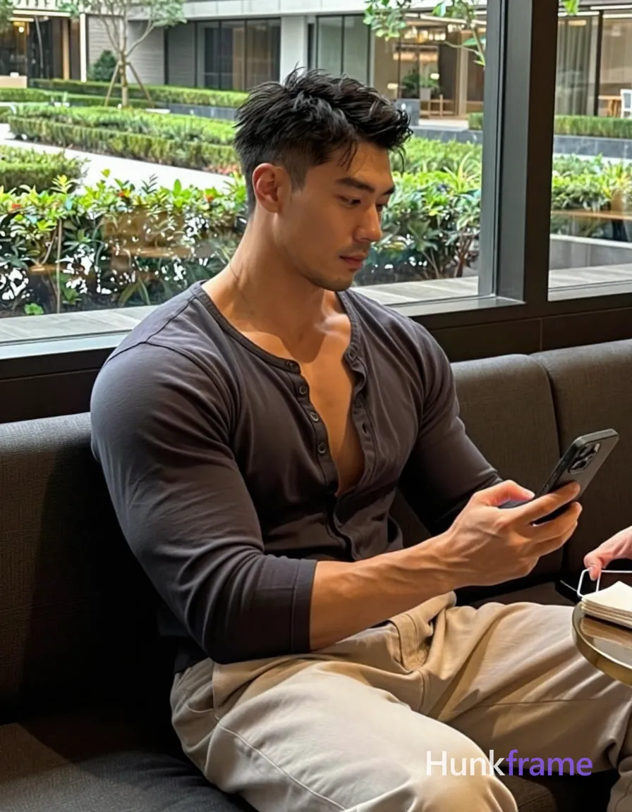 Photograph of exactly 1 adult man. Man 1: Asian, medium-tan, square-jawed with defined cheekbones, short buzz cut, dark brown/black, textured top with faded sides and back, clean-shaven with light stubble on chin and jawline. Man 1 has fully exposed eyes, eyebrows, temples and nose bridge. Broad shoulders, defined pectorals with thick thighs visible in partial nude torso. Seated sideways reaching for napkin holder while holding phone low for mirror selfie. Dark charcoal long-sleeve henley buttoned to mid-chest revealing collarbones, upper sternum paired with light beige wide-leg trousers. Vertical portrait 13:19 aspect ratio centering subject in profile facing right toward window surface. Indoor cafe booth with dark tiled wall behind seated figure overlooking manicured garden through large glass window. Natural daylight creates soft highlights on face and arms casting dramatic shadows from interior elements. Fine-art photography aesthetic sculpted composition emphasizing masculine form within quiet luxury mood