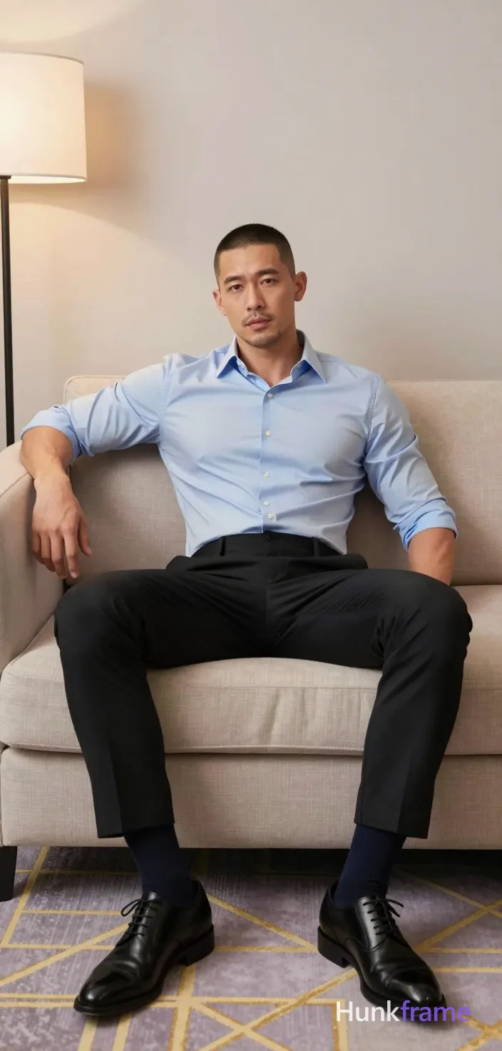 an anonymous figure man in his 30s with light-medium skin and short buzz cut combed forward, clean-shaven face; Seated on a curved beige sofa with legs spread apart and crossed at ankles; left arm resting along the back of the couch, right hand near thigh; Wearing a light blue button-down dress shirt with sleeves rolled to mid-forearm, black slim-fit trousers, dark navy crew socks, and black leather lace-up oxford shoes; Indoor living room setting with geometric-patterned rug in lavender and gold tones; floor lamp on left casting soft ambient indoor lighting against minimalist interior design; Professional muscle-bear photography composition emphasizing broad shoulders and rugged warm confidence within a lean build context, clean lines, vertical portrait orientation 13:19 aspect ratio; single clean uninterrupted photograph with a cohesive editorial composition and plain continuous surrounding surfaces