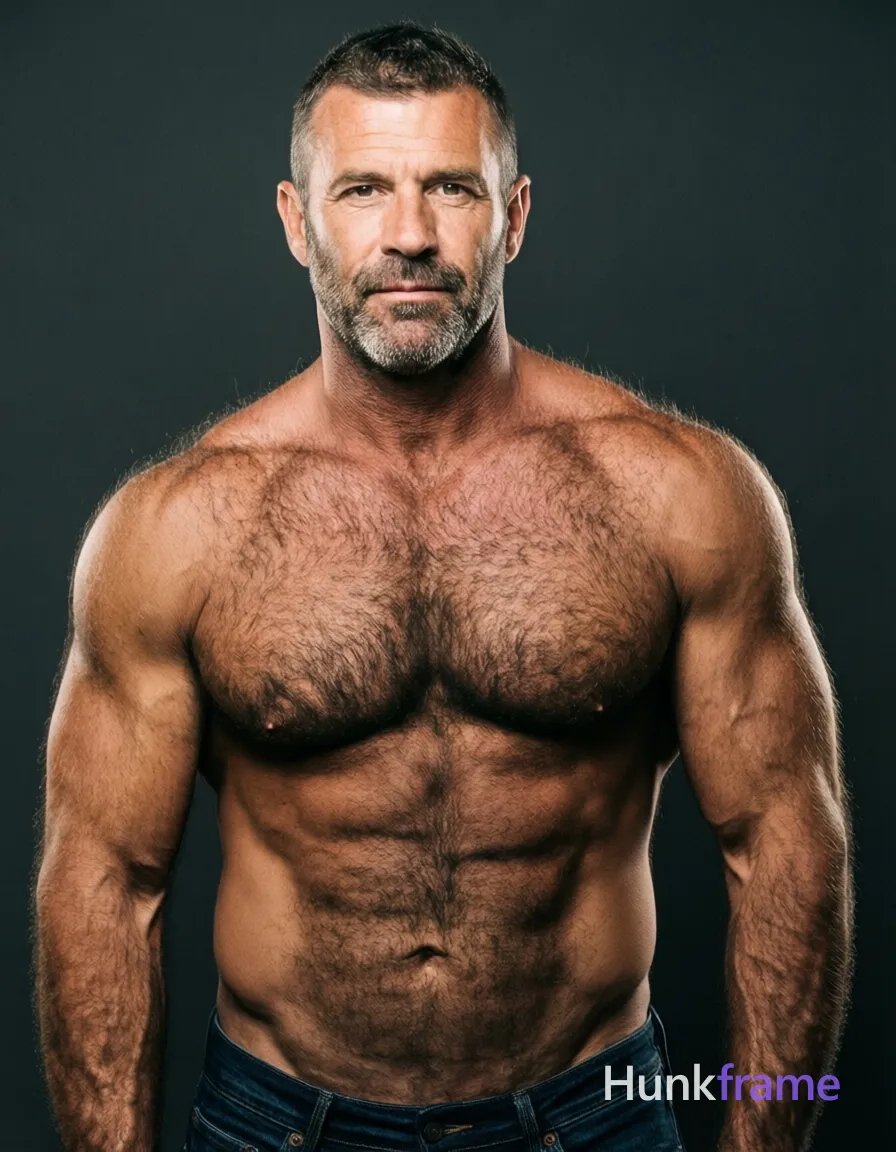 A big and hairy adult man with a short dark buzz cut, chin stubble, and dense body hair stands facing the camera in a static pose, arms at his sides. He is shirtless, exposing broad shoulders, defined pectorals, visible abdominal musculature (six-pack), thick forearms, an entire bare chest, abdomen, and shoulders down to wrists, wearing only dark blue denim jeans visible at the waistline against a plain dark gray studio background. Soft directional key light from front-left creates high contrast with subtle rim highlights on his skin texture. Head-to-waist portrait centered composition fills the frame with masculine sculpted lighting., same aesthetic theme and photo feel as the reference but a different man in a different pose with distinct body proportions, Mediterranean Italian man, olive skin, wavy dark hair, lean surfer body, a single uninterrupted photograph only, no written words or typography anywhere in frame, no captions, no app UI, no social-media post layout, no screenshot borders