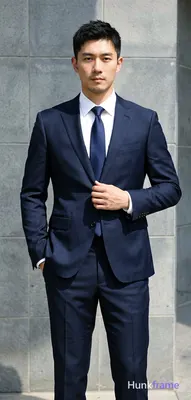 Asian man with short textured black hair and light chin stubble stands in a prem