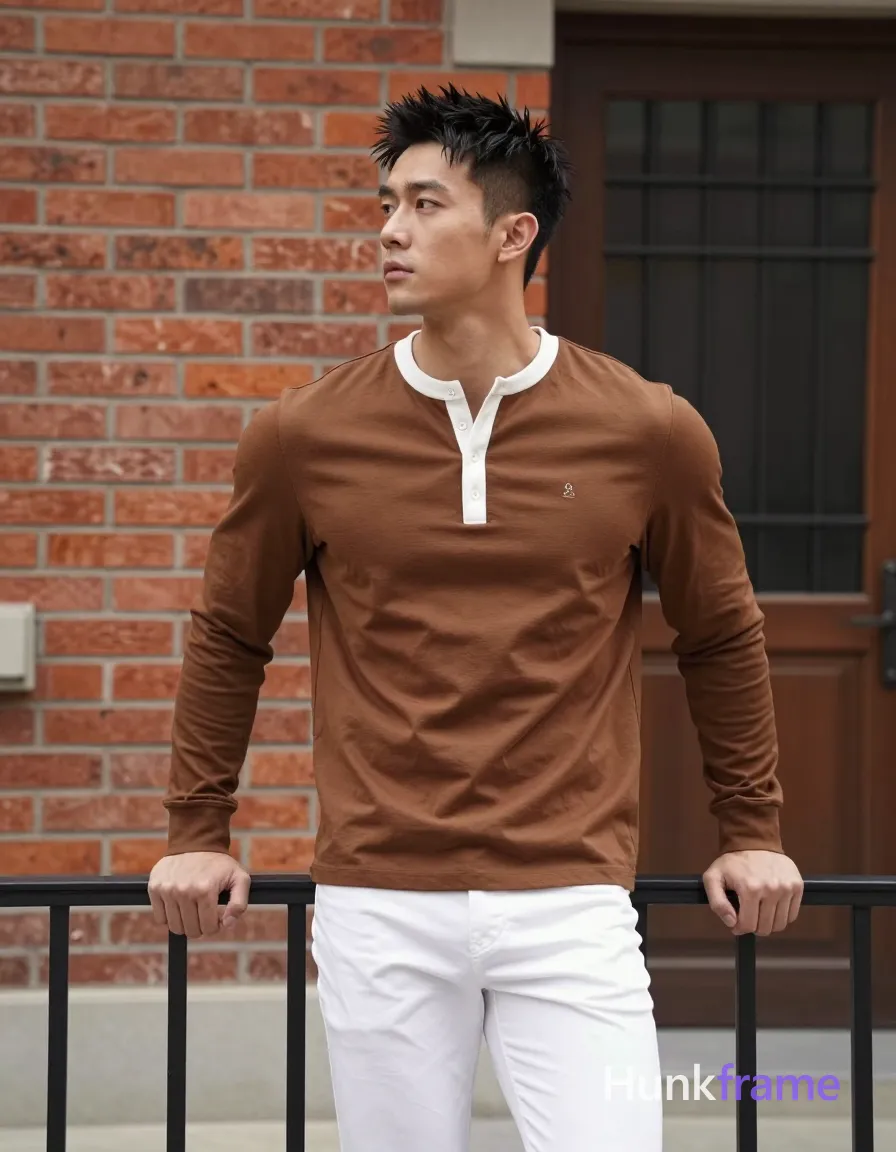 an anonymous figure man with light to medium tan skin and short spiky black hair, clean-shaven face; He wears a brown long-sleeve henley shirt with white ribbed collar buttons down to mid-chest featuring an unidentifiable small embroidered logo on the left chest, paired with white slim-fit trousers; Standing upright leaning forward slightly against a black metal railing with both hands resting flat on it; torso angled toward camera but head turned leftward in neutral contemplative gaze upward-left; Outdoor urban setting against red brick wall to left and wooden door with barred window to right; Natural daylight soft shadows, minimalist backdrop, clean composition muscle bear aesthetic vertical portrait 13:19 aspect ratio; single clean uninterrupted photograph with a cohesive editorial composition and plain continuous surrounding surfaces