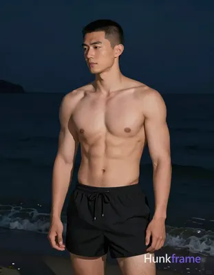 Asian adult man with short buzz cut and clean-shaven face, shirtless standing up