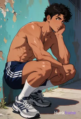 Polished anime style illustration of a Mediterranean man with tanned skin and da